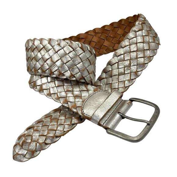 FOSSIL WIDE BROWN & SILVER LEATHER BELT WOVEN DISTRESSED BOHO WESTERN WIDE EUC M - Picture 1 of 5
